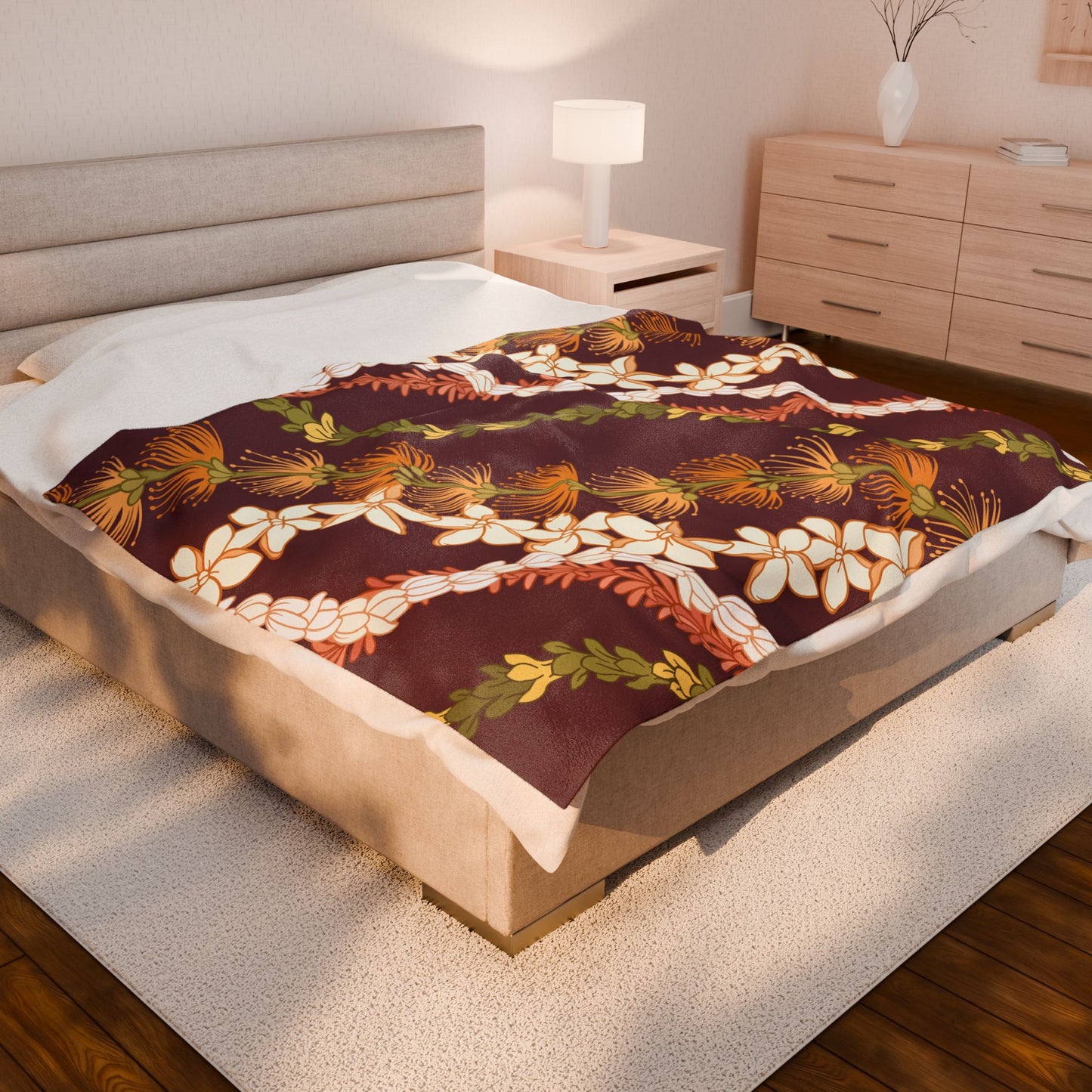 Ohia Lehua Pikake Pakalani Lei Hawaiian Blanket Velveteen Plush Blanket
