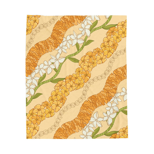 Hawaiian Puakenikeni Pikake Maile Ilima Flower Blanket - Velveteen Plush, Aloha Throw, Soft Flower Blanket, Aloha Collection Blanket