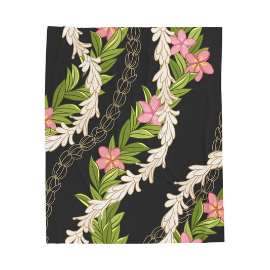 Hawaiian Maile Pikake Plumeria Lei Floral Blanket - Velveteen Plush, Aloha Throw, Soft Flower Blanket, Aloha Collection Blanket