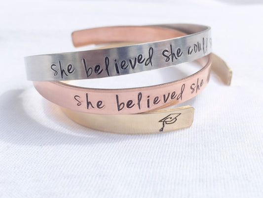 She Believed She Could So She Did Bracelet, Graduation 2016, Gifts for Graduation, Personalized Cuff, natashaaloha - Natashaaloha, jewelry, bracelets, necklace, keychains, fishing lures, gifts for men, charms, personalized,