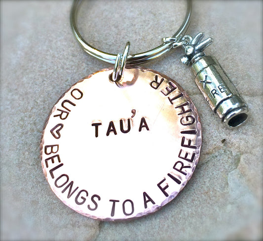 Firefighter Keychain, Our Heart Belongs To A Firefighter, Personalized Firefighter Gift, Firefighter Gift, natashaaloha - Natashaaloha, jewelry, bracelets, necklace, keychains, fishing lures, gifts for men, charms, personalized,