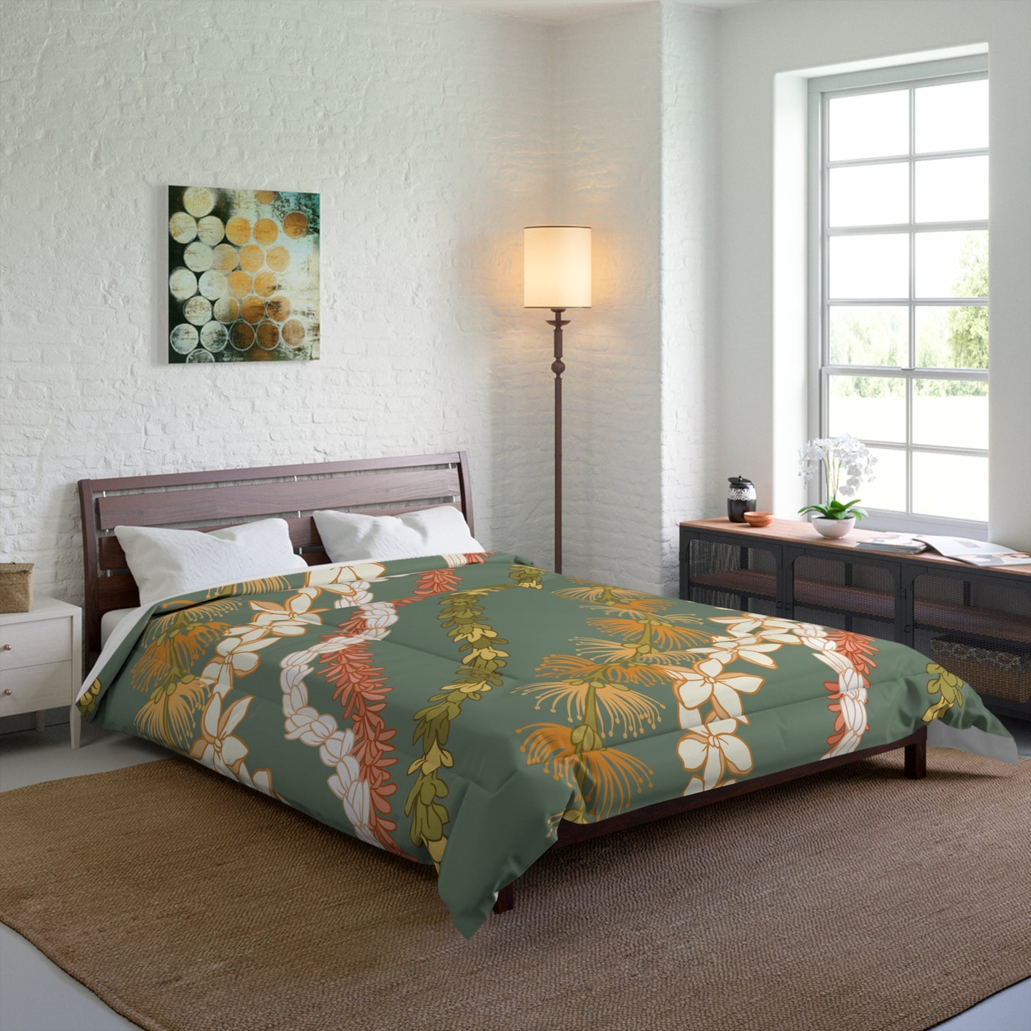 Hawaiian Lei Pattern Comforter | Hawaiian Comforter Pikake Lehua Flower