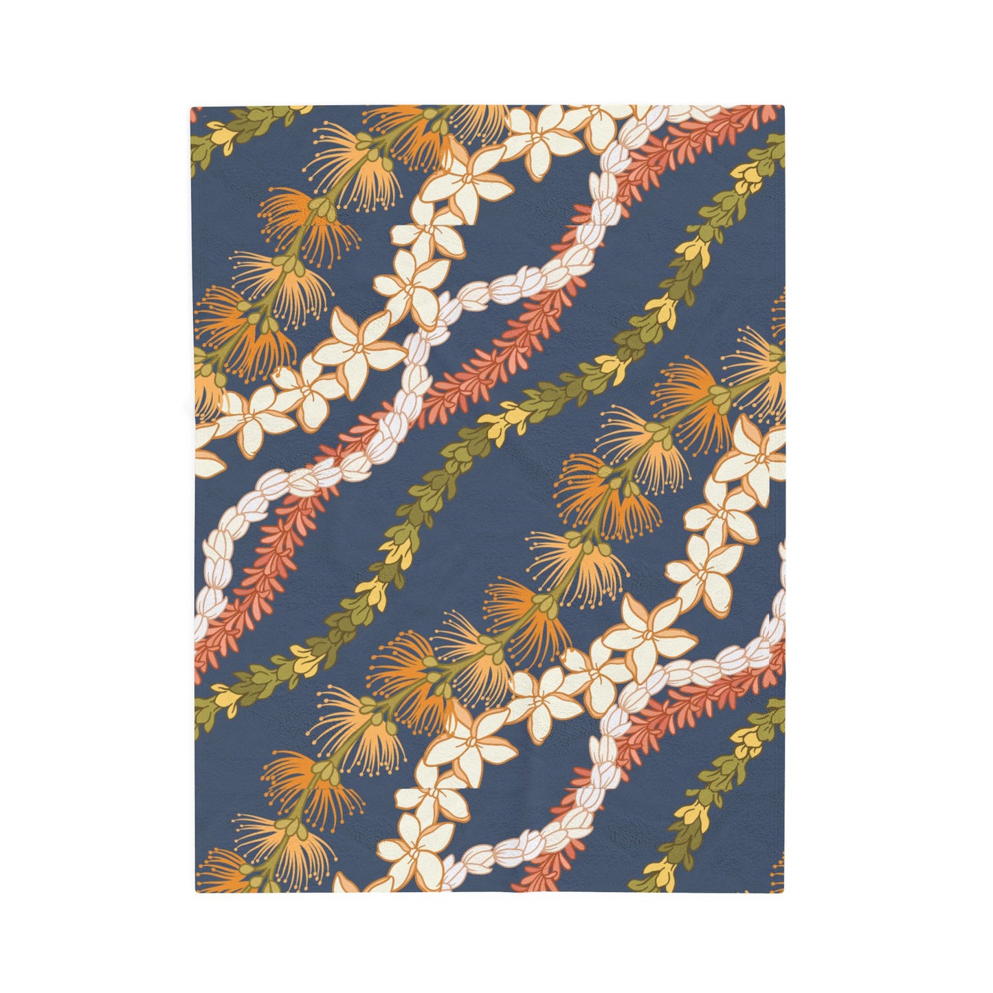 Blue Grey Ohia Lehua Pikake Pakalani Lei Hawaiian Blanket , Velveteen Plush Blanket