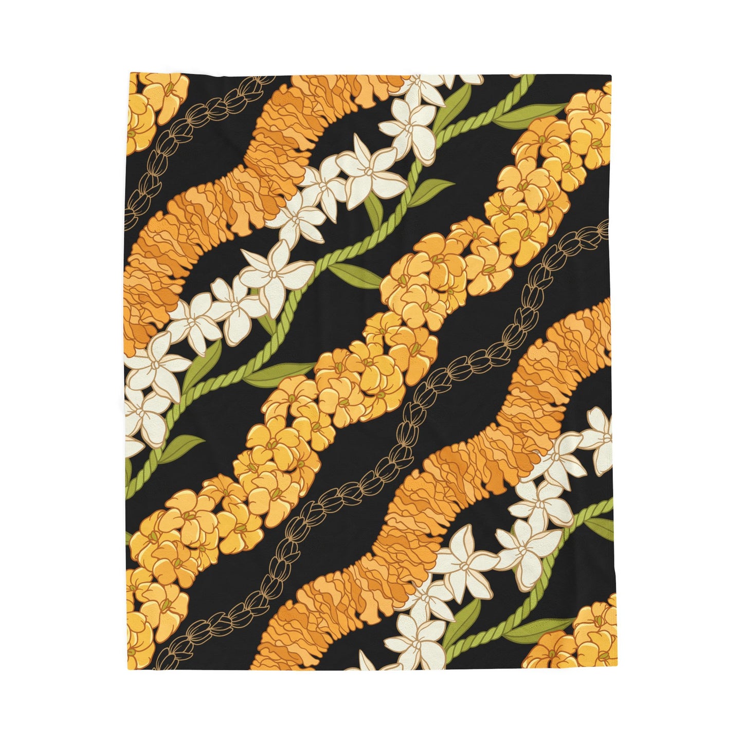 Hawaiian Puakenikeni Pikake Maile Ilima Flower Blanket - Velveteen Plush, Aloha Throw, Soft Flower Blanket, Aloha Collection Blanket
