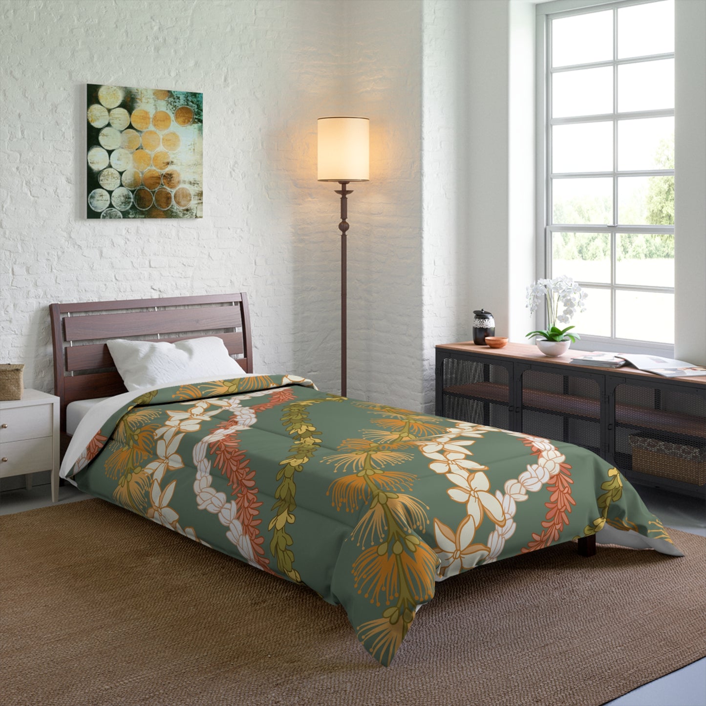 Hawaiian Lei Pattern Comforter | Hawaiian Comforter Pikake Lehua Flower
