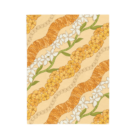 Hawaiian Puakenikeni Pikake Maile Ilima Flower Blanket - Velveteen Plush, Aloha Throw, Soft Flower Blanket, Aloha Collection Blanket