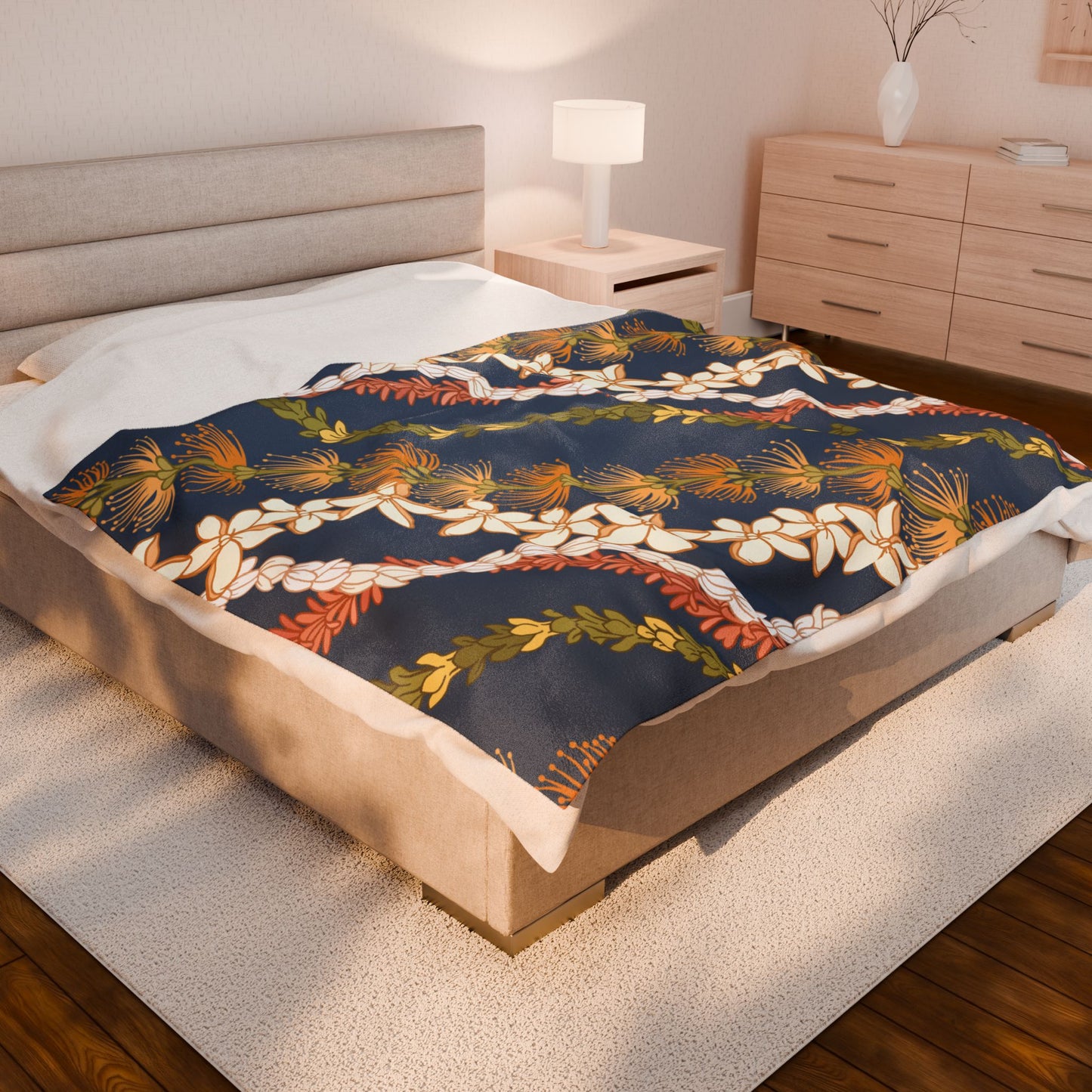 Blue Grey Ohia Lehua Pikake Pakalani Lei Hawaiian Blanket , Velveteen Plush Blanket