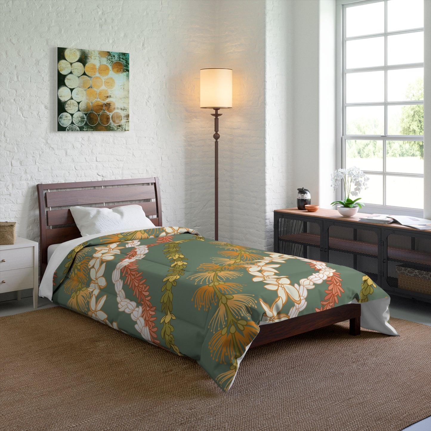 Hawaiian Lei Pattern Comforter | Hawaiian Comforter Pikake Lehua Flower