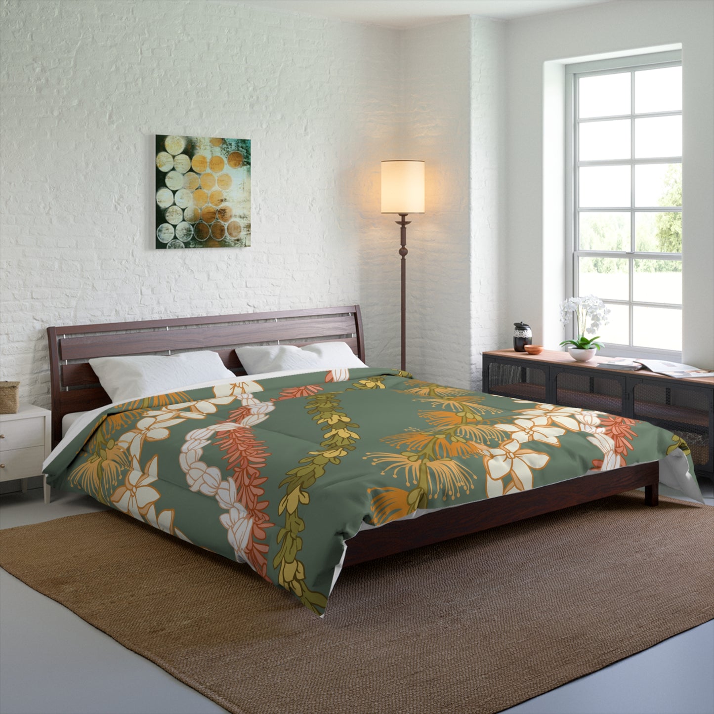 Hawaiian Lei Pattern Comforter | Hawaiian Comforter Pikake Lehua Flower