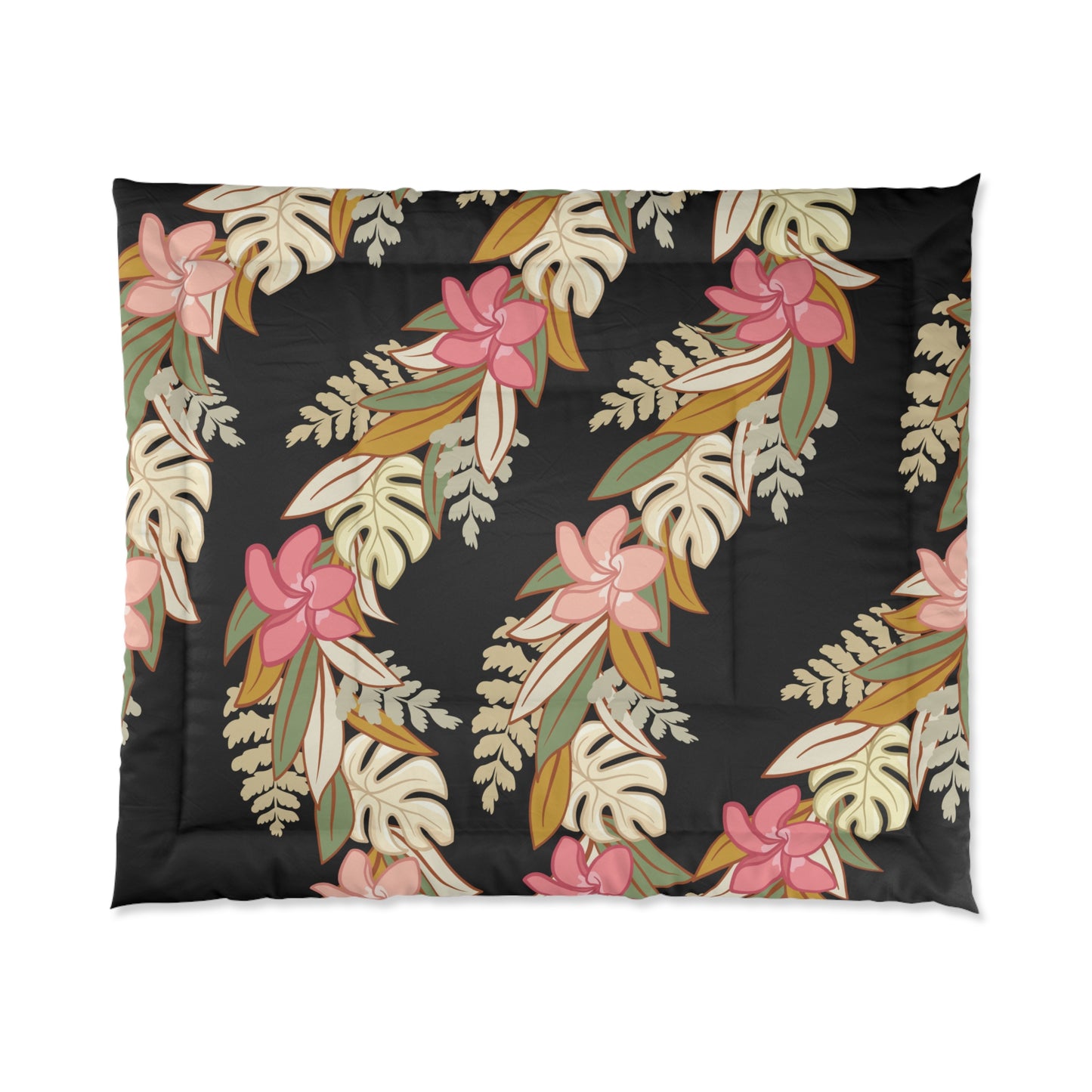 Hawaiian Maile Monstera Palapalai Plumeria Lei Comforter, Hawaiian Comforter - Bedding, Polyesian Quilt, Hawaiian Decor for Bedroom, Aloha