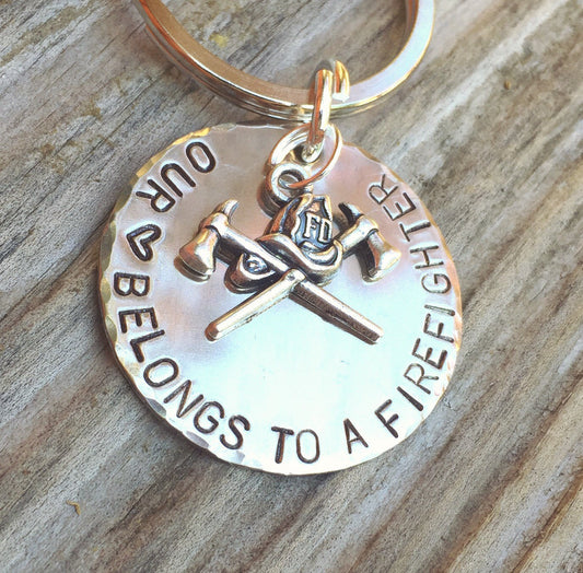 Firefighter Keychain, Our Heart Belongs To A Firefighter, Personalized Firefighter Gift, Firefighter Gift, natashaaloha - Natashaaloha, jewelry, bracelets, necklace, keychains, fishing lures, gifts for men, charms, personalized, 