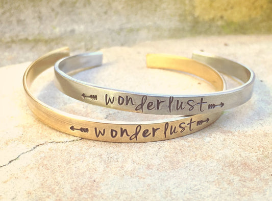 Wonderlust Cuff, Wanderlust Cuff, Personalized Skinny Bracelet, Hand Stamped Message Bracelet, Skinny Cuffs, natashaaloha - Natashaaloha, jewelry, bracelets, necklace, keychains, fishing lures, gifts for men, charms, personalized, 