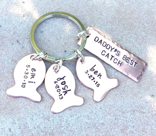 Hooked On Dad, Fishing Keychain, Our Best Catch Dad, Fish Keychain, Personalized Fishing Keychain, Hand Stamped, natashaaloha - Natashaaloha, jewelry, bracelets, necklace, keychains, fishing lures, gifts for men, charms, personalized, 